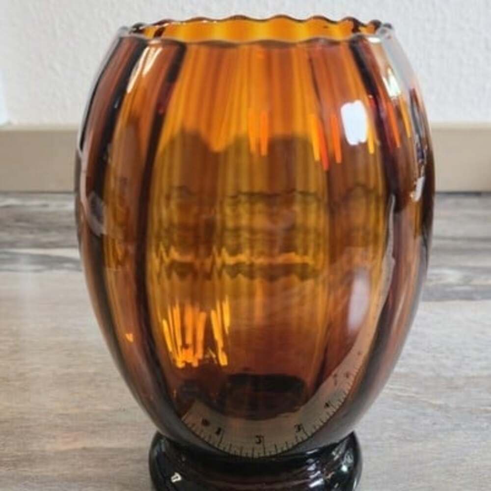 Vintage Italian Art Glass Vase Amber Brown Ribbed Scalloped Rim Made in Italy... - Picture 3 of 8